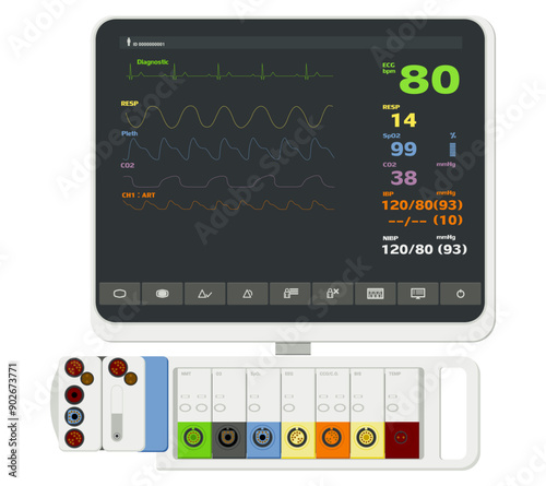 Medical equipment, Patient monitoring equipment, essential tools in healthcare, continuously track record patient vital signs physiological. Flat design