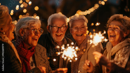 happy elderly people celebrating the New Year at home at a party. Friends hold sparklers in their hands and laugh merrily at Christmas