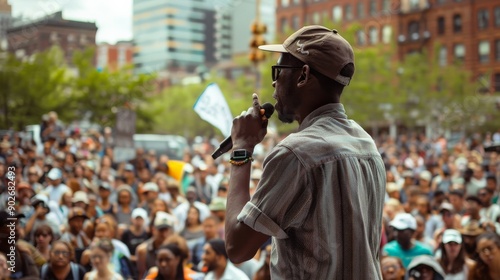 A community organizer speaking at a rally for peace in a crowded square