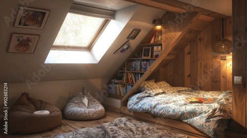 A cozy attic bedroom with sloped ceilings, a skylight, a comfortable bed with patterned bedding, and a small reading nook with a bean bag chair.