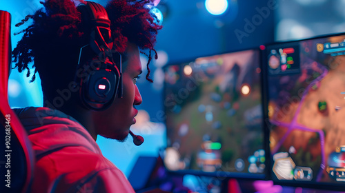 Young man focused on computer screen, competing in esports tournament surrounded by gaming equipment.