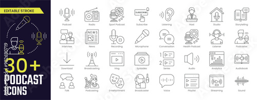 Podcast Stroke icon collections. Containing studio microphone, Podcast, Microphone, Conversation, Podcaster, Audiobook and more. Stroke icon collection Outline icon.