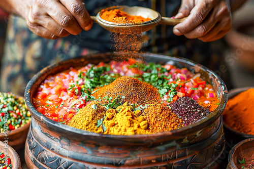 Chef adding spices into mortar for preparing indian curry masala