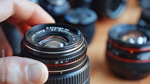 Close-up of a photographer holding a camera lens, showcasing intricate details and craftsmanship among other lenses in the background.