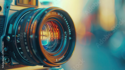 Close-up view of a vintage camera lens capturing vibrant colors and light reflections, showcasing photography in detail.