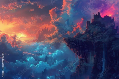 Mystical floating island with castle above a sea of clouds