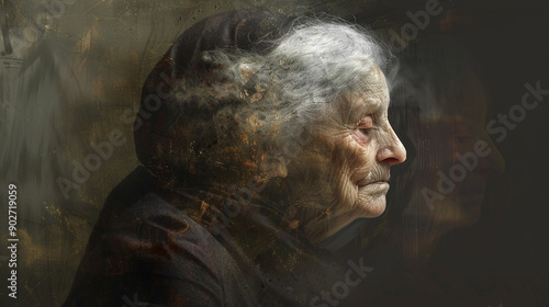 Depict an ambiguous image that can be seen as either an old woman or a young woman