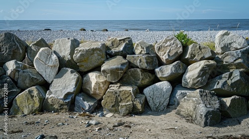 Breakwater made of large stones along the seashore