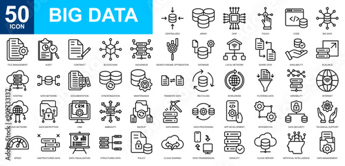 Big Data icon collection set. Cloud compunting, data server, hosting, seo and web, data storage, cloud data, backup data icon. Simple line vector.