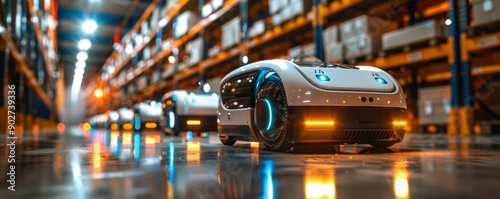 Row of autonomous robots working in a high-tech warehouse environment