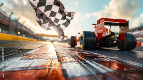 F1 racing car crossing the finish line under checkered flag at sunny day. Racing car on track crossing the finish during F1 gran prix. Formula 1 winner in red car celebrating victory.