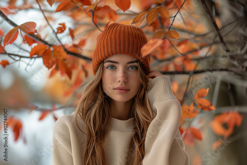 Young Woman in Cozy Fall Fashion Posing Outdoors Among Autumn Leaves