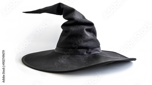 Black witch hat with a wide brim placed on white background with lots of empty space halloween day