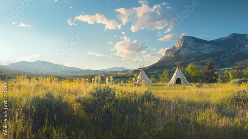 The tipi stands gracefully in a field, with the American Rocky Mountain landscape stretching out in the background on a sunny summer morning.