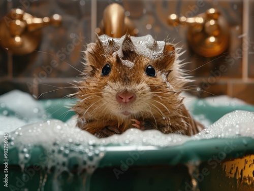 A Playful Hamster Enjoys a Bubble Bath in a Green Basin at Home