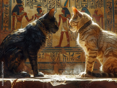 Two Cats Engaged in a Staring Contest Against an Ancient Egyptian Backdrop