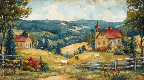 A painting of a rural landscape with a red house and a white church