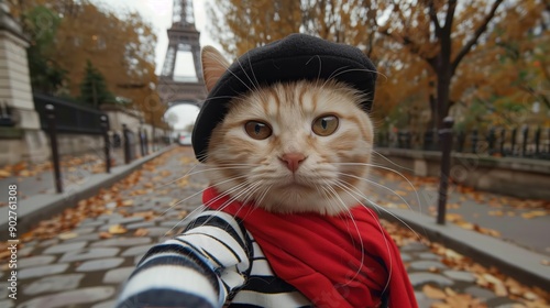 Cute Long-Haired Cat Taking a Selfie in Paris with Eiffel Tower in Background