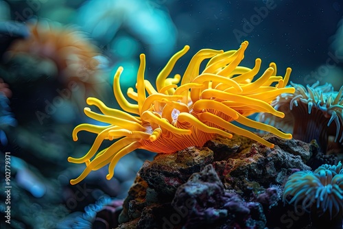 A yellow sea anemone is on a rock in the ocean