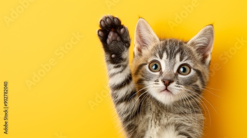 A kitten is waving its paw in the air. The kitten is looking at the camera with a curious expression