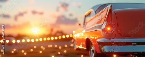 Classic car at sunset with bokeh lights.