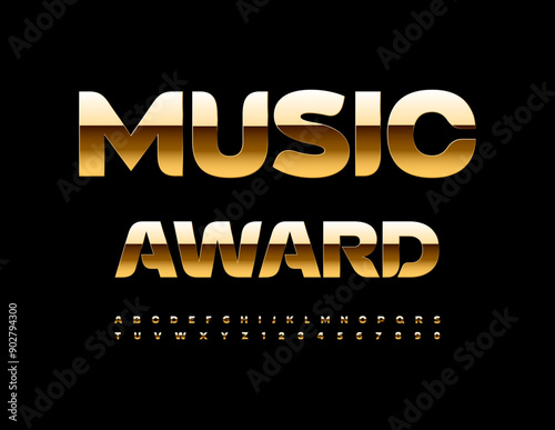 Vector creative emblem Music Awards. Modern Stylish Font. Luxury Gold Alphabet Letters and Numbers set.