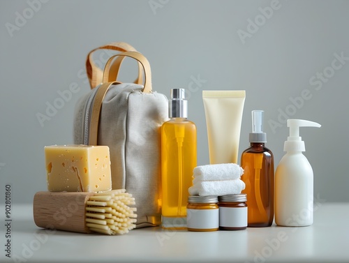 Isolated Set of Travel Toiletries and Cosmetics on White Background for Adventure Promotions