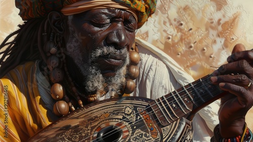 A Griot storyteller passionately plays a lute, sharing tales in a vibrant and cultural setting, embodying the rich tradition of West African oral history