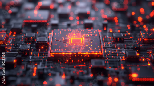 Glowing red microchip on a dark circuit board, highlighting the intricate and advanced technology of modern electronics.