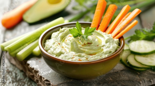 A bowl of creamy avocado dip with a side of fresh vegetable sticks for dipping.