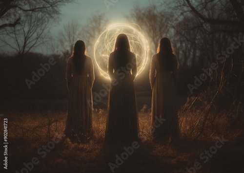 3 Wiccan Women Wearing Long White Dresses in the Woods Facing a Large Magickal Orb of Light 