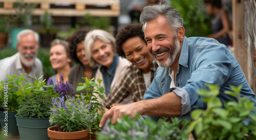 A close-up of a diverse group of middle-aged adults smiling and enjoying their time while gardening together, happiness, community and collaboration in a beautiful garden setting