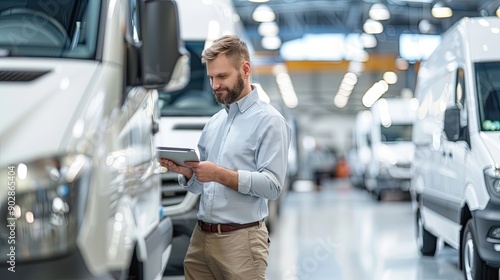 A fleet manager in a high-visibility jacket uses a smartphone to inspect a row of parked vans on a sunny day..