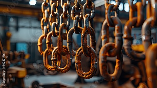 Metal industrial chains with hooks in the workshop of a metallurgical plant Close up Lifting hooks for lifting heavy materials and equipment