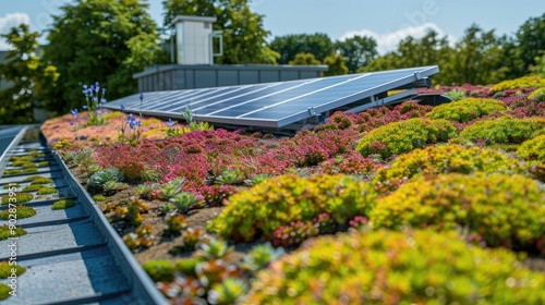 Green roof with flowering sedum plants and a row of blue solar panels for climate adaptation Renewable energy system for green electricity Rooftop garden with photovoltaic