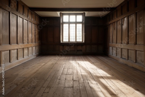 Haunting Elegance of an Abandoned Elizabethan Mansion Interior, intricate woodwork, faded grandeur, echoes of history, empty rooms inviting imagination, space for storytelling