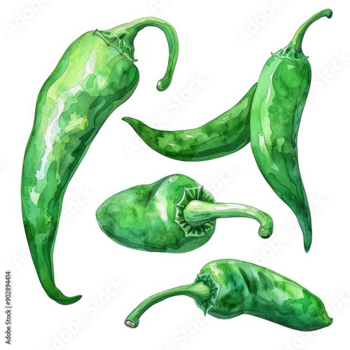 Handmade Watercolor Illustration of Fresh Green Chili Pepper Set on White Background