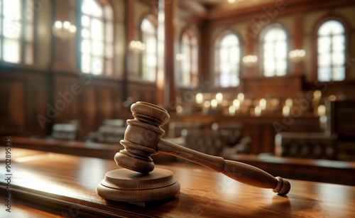 Gavel on a judge's bench in a courtroom with soft lighting.