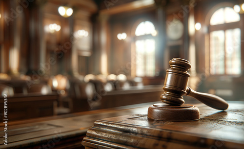 Gavel on a judge's bench in a courtroom with soft lighting.