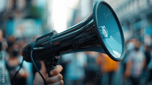 A close-up image of a person holding a megaphone amidst a protest or public gathering, highlighting communication and advocacy in a dynamic outdoor environment.