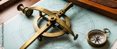 A vintage compass and astrolabe on a nautical map, symbolizing adventure and exploration, perfect for travel-themed projects.