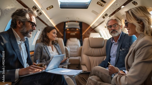 High-Flying Strategy Session Business Executives in Private Jet Conferencing on the Go