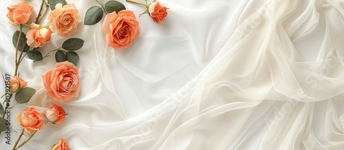 Top view of a gentle minimal mockup for a feminine wedding greeting card or invitation featuring orange roses on tulle chiffon and organza with a silk ribbon providing ample copy space image