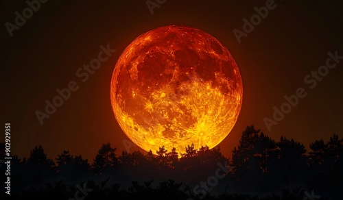 Full red moon in the sky with silhouette of trees, yellow orange light from full pink harvest supermoon in dark night sky, hyper realistic photo