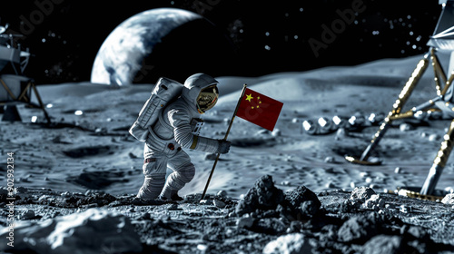 Close-up and focus on an astronaut puts Chinese flag on lunar soil near lunar modules. In the dark sky background the planet Earth.