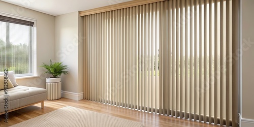 Detail of closed beige vertical blinds in a bedroom interior , blinds, window, interior design, home decor, privacy