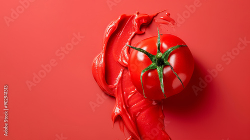 Red tomato with smear of tomato paste on vibrant red background