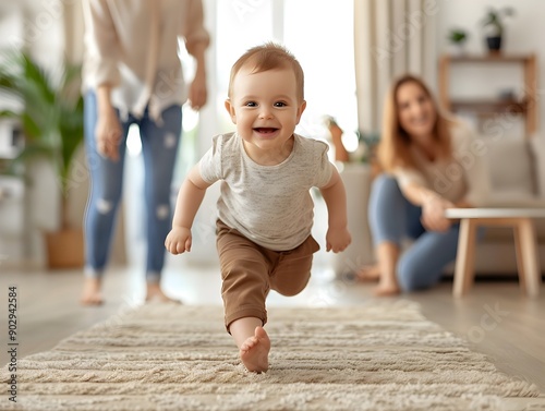 Joyful First Steps of a Child Surrounded by Supportive Family