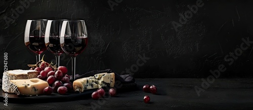 Red Wine Flight complemented by cheese and grapes on a black backdrop featuring a copy space image