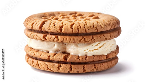 food photography of an ice cream sandwiched between two round cookies, on white background, hyper realistic